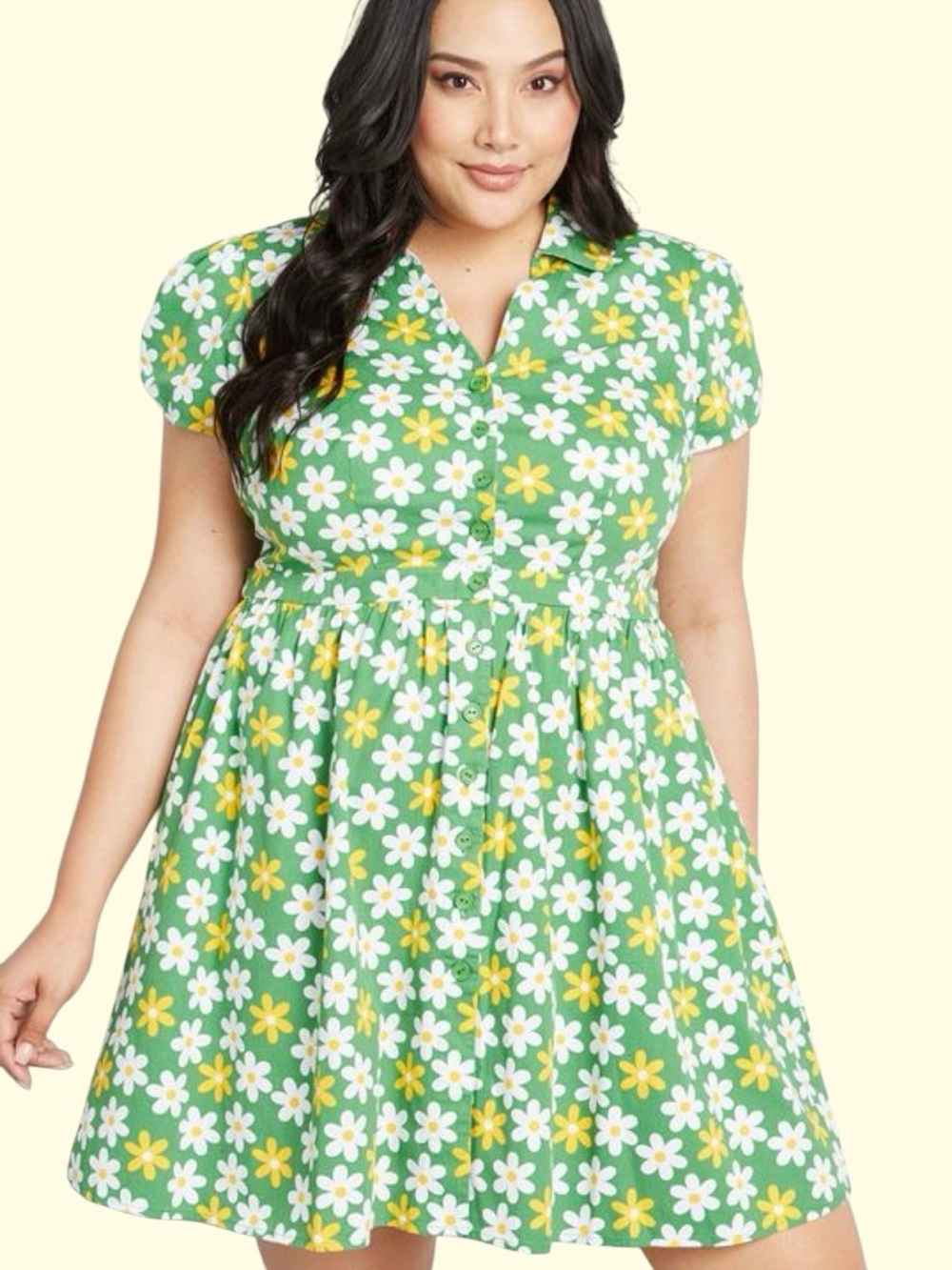 Modcloth Bright Green Daisy Novelty Print Button Down Shirt Dress Mod Retro 60s